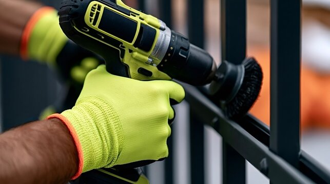 Worker cleaning metal fence with drill brush attachment