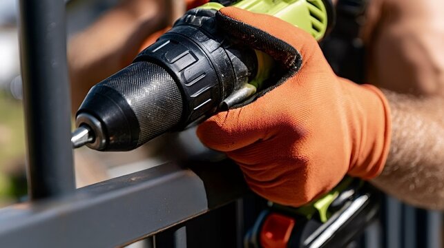 Worker hand holding electric drill installing metal railing