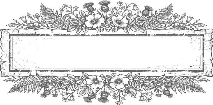 Hand drawn botanical frame with thistles and ferns, vintage engraving style