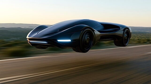 Futuristic black flying car hovering above highway