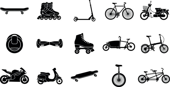 Personal Transportation Vehicle Silhouette Icon Set Featuring Skateboard Bicycle Rollerblades Motorcycle Scooter Hoverboard and Unicycle Vectors for Urban Mobility Graphic Designs