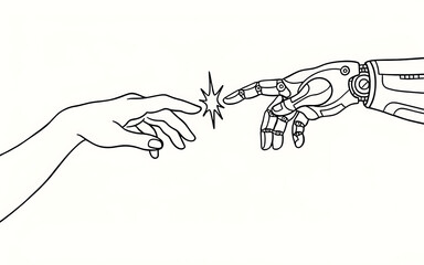 Fototapeta premium Black and white line of a human hand and a robotic hand reaching to touch, with a small starburst spark between fingers