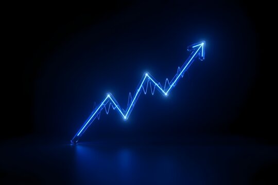 Glowing blue digital growth arrow chart representing financial success and business progress