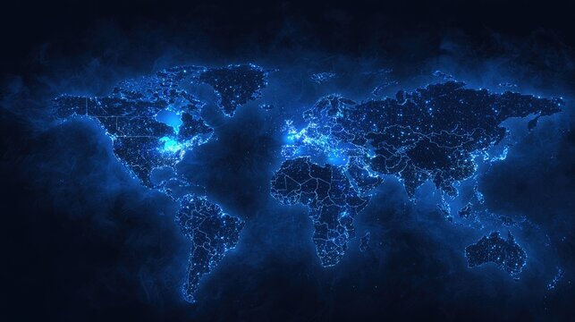 Illuminated world map with glowing cities and swirling blue energy