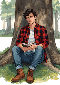 Young Man Reading a Book Resting Under a Tree in a Peaceful Forest