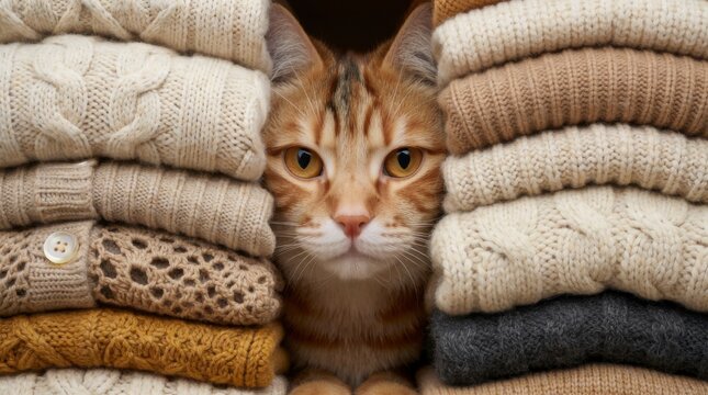 Cute ginger tabby cat peeking out from between two stacks of cozy knitted sweaters and cardigans, concept of warmth and domestic comfort
