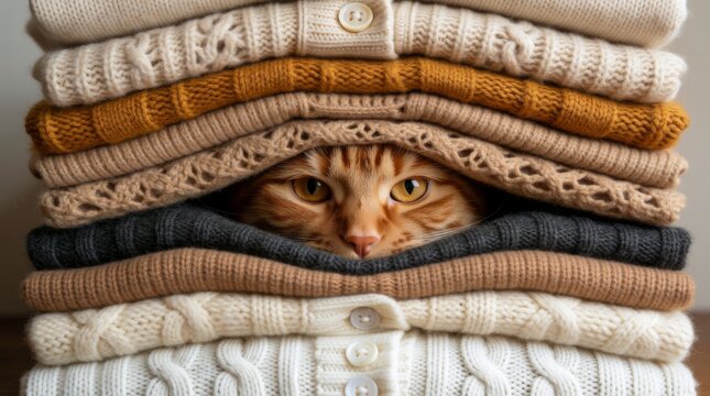 Cute ginger cat peeking out from a stack of cozy knitted sweaters and cardigans, concept of warmth and coziness