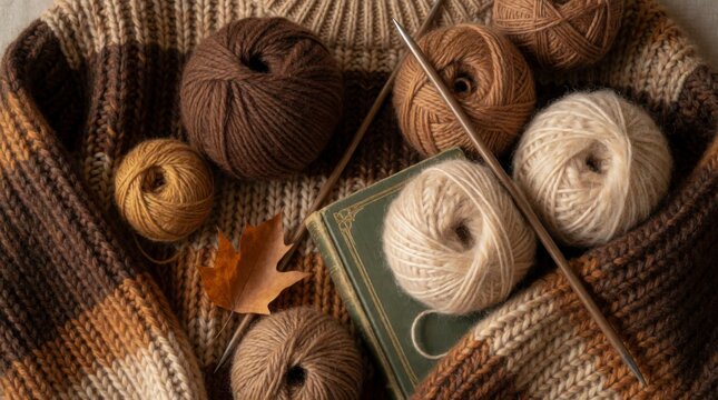Knitting supplies with yarn balls, knitting needles, and a book on a cozy brown sweater, concept of comfort and creativity