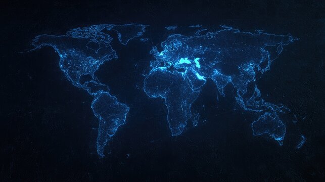 Digital glowing blue map of the world with data points on dark background