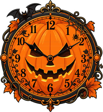 Halloween jack-o-lantern clock with pumpkin face and autumn leaf decorations
