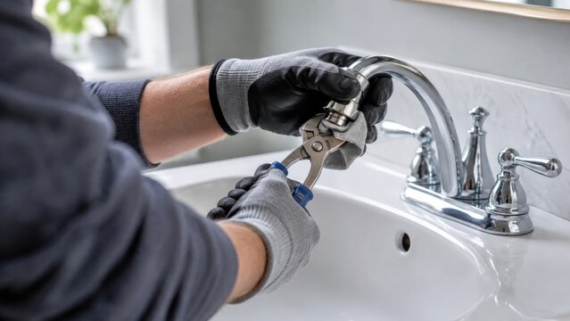 Handyman using pliers to repair a chrome bathroom faucet aerator