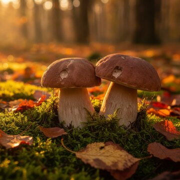 Two wild porcini mushrooms growing on moss in a sunlit autumn forest with fallen leaves, concept of autumn harvest and natural growth
