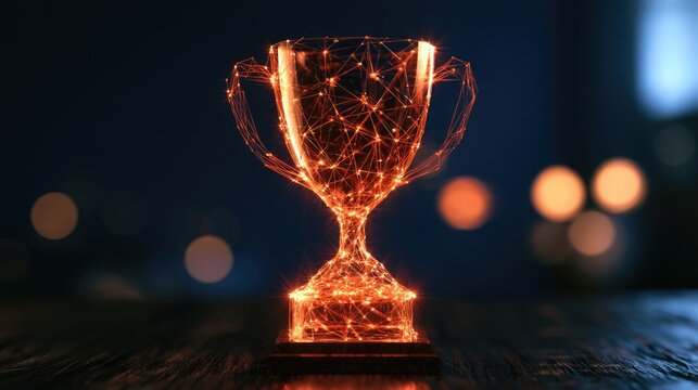 Glowing digital trophy, interconnected network nodes, winning, success, achievement