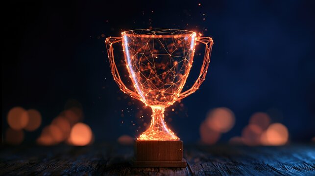 Glowing digital trophy illuminates a wooden surface against a bokeh background