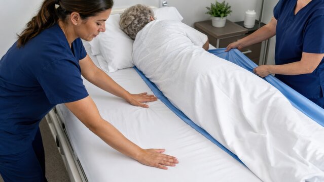Nurses positioning elderly patient with glide sheet in hospital bed