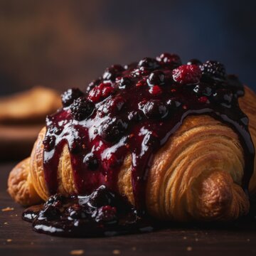 Golden croissant topped with a rich, dark berry compote, showcasing glistening fruit and a warm, inviting glow on a rustic wooden surface, concept of gourmet breakfast and sweet indulgence