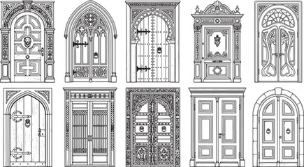 Fototapeta premium Collection of vintage architectural door designs featuring ornate details and arched frames in black and white line art