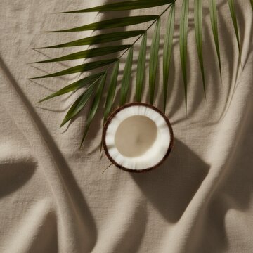 Half coconut with white flesh and a green palm leaf on a beige linen fabric with natural shadows, concept of tropical freshness and natural simplicity