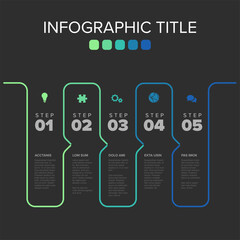 Obraz premium This modern infographic template outlines a workflow with five steps on a dark background. Use this versatile infographic template to present any five steps business process.