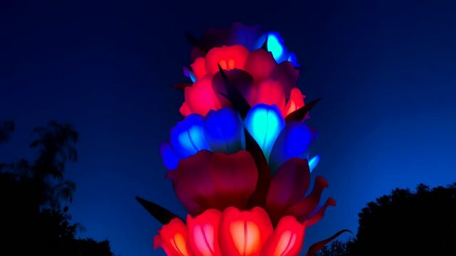 Nighttime Floral Light Installation Glowing Flower Sculpture at Night Featuring Vibrant Neon Floral Art Installation in Magical Outdoor Light Display For Creative Visual Projects