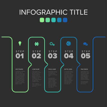 This modern infographic template outlines a workflow with five steps on a dark background. Use this versatile infographic template to present any five steps business process.