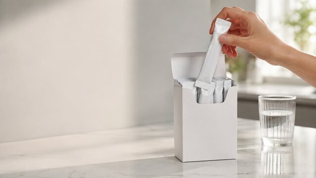 Hand picking a white supplement stick pack from a dispenser box