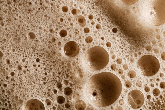 Close-up abstract view of light brown beverage foam with varied-sized bubbles