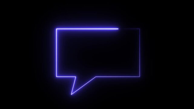 Glowing purple neon speech bubble icon animation on a dark black background. Represents chat, messaging, communication, and social media comments for modern UI design in high quality 4K video resoluti