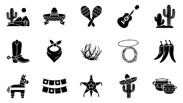 Set of black mexican culture icons including cactus guitar and sombrero symbols