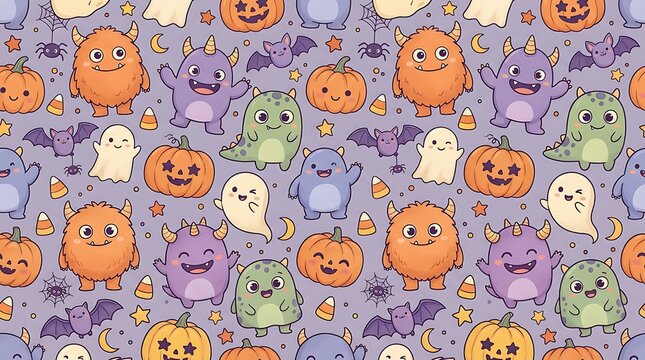 Seamless halloween pattern with smiling pumpkins and friendly ghosts on a purple background
