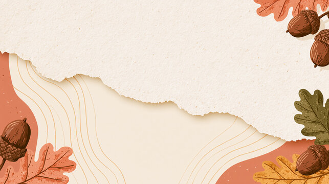Autumn Background with Oak Leaves Acorns and Torn Paper
