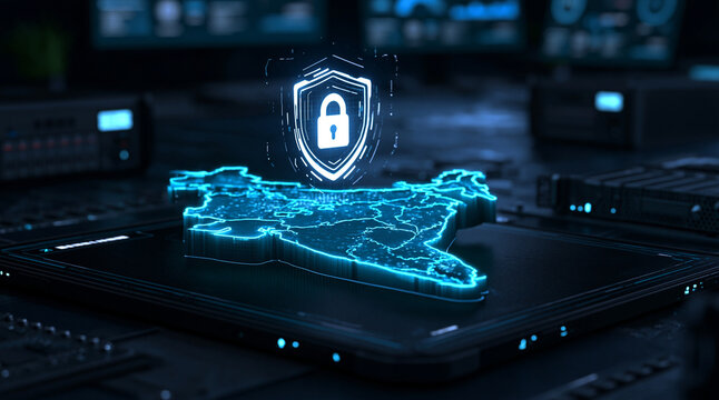 A glowing digital map of India with a security shield and padlock icon floats on a dark control room console. Perfect for cybersecurity and national defense presentations.