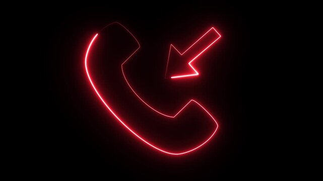 Red neon glowing phone receiver icon with an inward arrow on a black background. Represents incoming call, contact, and communication concepts for UI design. High quality 4K video resolution.