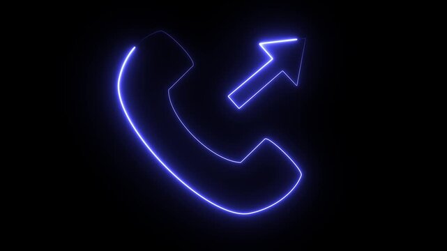 Neon glowing blue phone receiver icon with an outward arrow on a dark black background. Represents outgoing call, contact, and communication concepts for UI design. High quality 4K video.