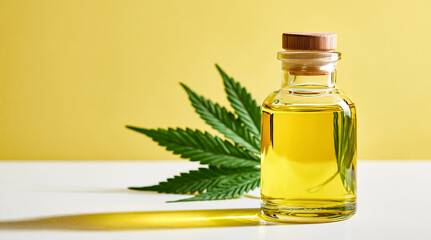 CBD oil bottle with hemp leaf on a bright yellow background. Perfect for natural medicine and wellness product advertisements.