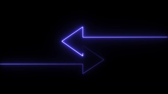 Neon blue glowing continuous line forming left and right arrows on a dark black background. Represents data transfer, exchange, synchronization, and communication in high quality 4K video animation.