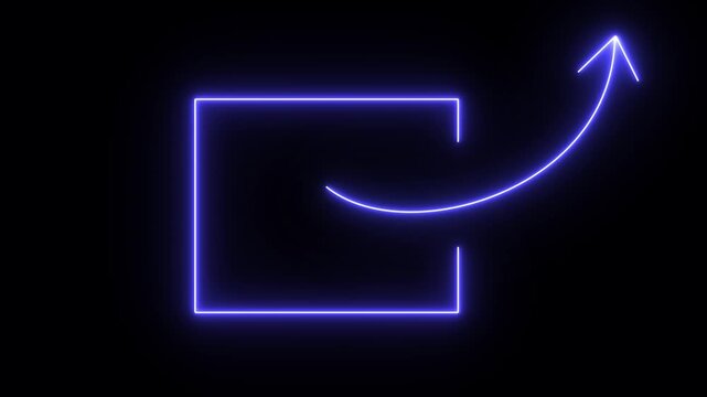 Neon glowing share or export icon with an arrow pointing out of a square on a black background. Represents sending data, communication, and web interface concepts. High quality 4K video animation.