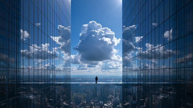 Businessman Standing on High Glass Skybridge Between Modern Skyscrapers