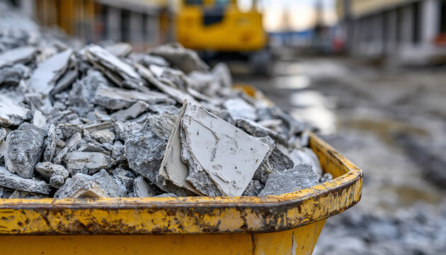 Concrete rubble and construction debris piled in a yellow dumpster at an active building site with soft natural daylight. Ideal for waste management and demolition concept.