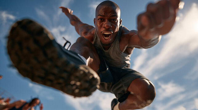Athletic Man Jumping Energetically in Mid Air