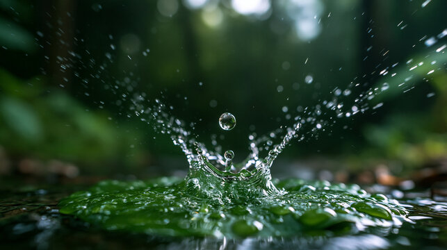 Water Droplet Splashing on Green Leaf in Nature