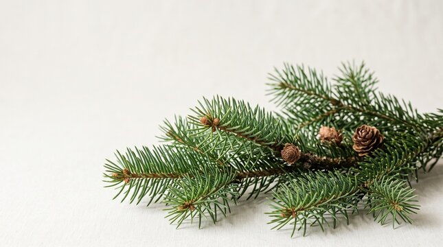 Fresh green pine tree branch with small cones isolated on white background 
