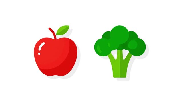 Simple Red Apple and Broccoli Icons on White Background.