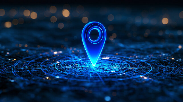 A glowing blue digital navigation pin standing on a futuristic map background with light circles. Perfect concept for technology and GPS navigation graphics.