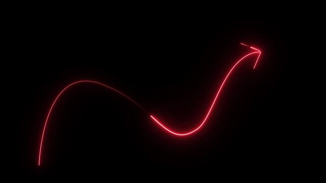 A stunning 4K video showing a glowing red neon line graph with an upward arrow illustrating market recovery and financial growth, isolated on a solid black background for business designs.