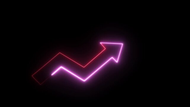 A dynamic 4K video featuring a glowing pink and magenta neon zigzag upward arrow showing financial growth and business success, isolated on a solid black background for trading overlays