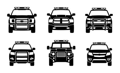 Police SUV Icons, Law Enforcement Vehicle Front Views, Security Patrol Cars, Emergency Service Trucks © Tariqul