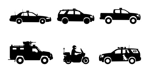 Police Vehicle Icons Set: Patrol Car, SUV, Truck, Armored Vehicle, Motorcycle, K9 Unit © Tariqul