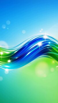 Abstract blue and green flowing waves with sparkling light flares on a smooth gradient background. glossy curved lines convey fluid motion and energy.