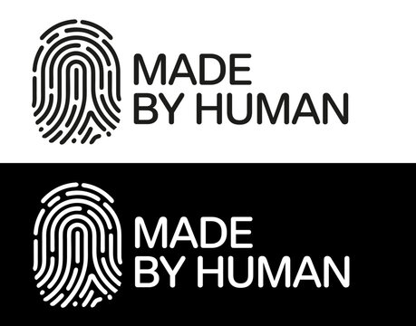 This label features a fingerprint icon to certify content is made by human creators. Use this made by human badge to distinguish authentic human work from artificial intelligence.